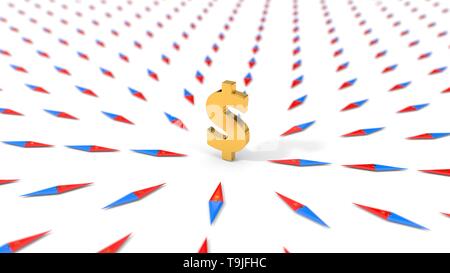 Alle Kompasse zu Dollar Währung gedreht. Geeignet für Wirtschaft, Finanzen und Business Themen. 3D-Darstellung Stockfoto