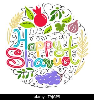 Frohes Schawuot. Jüdische Feiertag Konzept. Hand gezeichnet doodle Stil. Bunte vektor Illustration. Auf weissem Hintergrund Stock Vektor