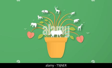 Wildtiere mit Manipulation Konzept. Minimalismus würdigte in Papier geschnitten und Handwerk Stil. Kunst digitalcraft für Tag der Umwelt. Stock Vektor