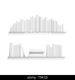 Mockup von Bücherregal mit leeren weißen Bücher an der Wand. Realistische Stapel von Büchern aus Papier. Vector Illustration auf weißem Hintergrund Stock Vektor