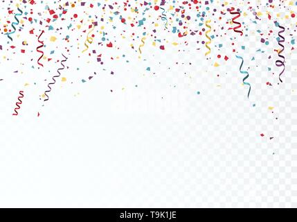 Feier oder Festival bunten Hintergrund Vorlage mit fallender Papier Konfetti und Bänder. Vector Illustration isoliert auf transparentem Hintergrund Stock Vektor