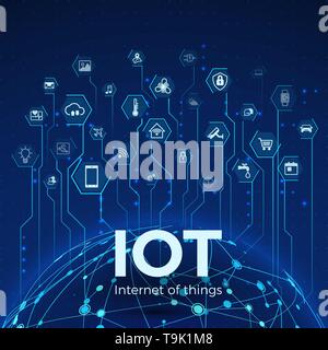 Internet der Dinge. IOT Symbole Konzept. Globales Netzwerk Verbindung. Überwachung und Kontrolle smart systems. Vector Illustration Stock Vektor
