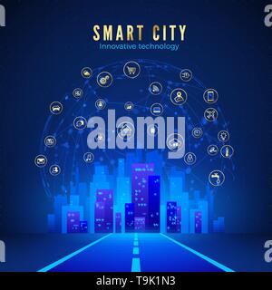 Smart City oder IOT-Konzept. Straße, Stadt Landschaft in blauer Farbe und Global Web mit smart systems Symbole auf dem Hintergrund. Vector Illustration Stock Vektor