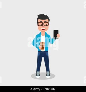 Junge Mann hält Kaffee in der Hand zu gehen, während an seinem Handy suchen. Geek genießt Drink in einem Pappbecher. Junge lächelnde lässig gekleideter Mann Stock Vektor