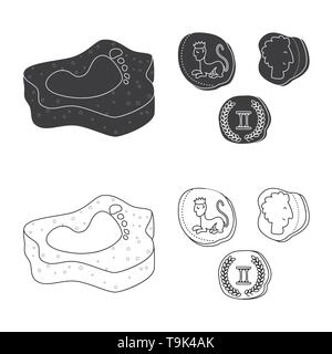 Rock, Münzen, Impressum, antike, Track, Alte, Alte, Mittelalterliche, Gravieren, Schatz, Knochen, finden, Textur, Gold, Paläontologie, Metall, Geschichte, Items, Museum, Attribute, Archäologie, Geschichte, Forschung, Ausgrabung, Entdeckung, Arbeiten, Set, Vector, Icon, Illustration, isoliert, Sammlung, Design, Element, Grafik, Zeichen, Vektor, Vektoren, Stock Vektor