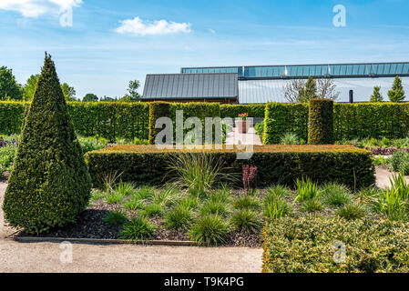 Die moderne Country Garden an der RHS Hyde Hall in Essex. Anzeige einige formale Formschnitten und Absicherung. Stockfoto