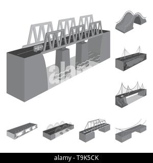 Brücke, modern, Fußgängerzone, montiert, Felsen, Gebäude, mobile, Meer, Spalte, alt, Ufer, Bau, Metall, Beton, Lang, Handläufe, Prop, Straße, Autobahn, hängend, Schiene, Arch, Fluss, Bahn, Strom, Kabel, Eisenbahn, Umzug, Lift, Anschluss, Kreuzung, sehen, entwerfen, konstruieren, side, Brückenbau, Architektur, Sehenswürdigkeiten, Struktur, Set, Vector, Icon, Illustration, isoliert, Sammlung, Element-, Grafik-, Zeichen-, Mono-, Vektor, Vektoren, grau Stock Vektor