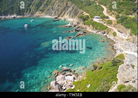 Blick von der Kirche des Agios Ioannis Kastri in Skopelos, Griechenland Stockfoto