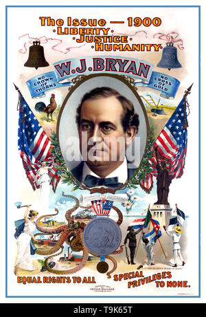 Vintage USA Kampagne Plakat für William Jennings Bryan 1900. Präsidentschaftswahl in den Vereinigten Staaten von 1900, das die 29 vierjährige Präsidentschaftswahl, am Dienstag, 6. November 1900. In einem Re-match Der 1896 Rasse, der Republikanische Präsident William McKinley sein demokratischer Herausforderer besiegt, William Jennings Bryan. McKinley's Sieg machte ihn zum ersten Präsidenten aufeinanderfolgende Wiederwahl da Ulysses S. Grant die gleiche Meisterstück 1872 vollendet hatte zu gewinnen. Stockfoto