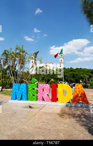 Merida Mexiko - Merida city Zeichen in der Plaza Grande, Merida, die Hauptstadt von Yucatan, Mexiko Lateinamerika Stockfoto