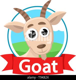 Ziege blickt auf dem Hintergrund einer grünen Wiese. Logo Tier. Stock Vektor
