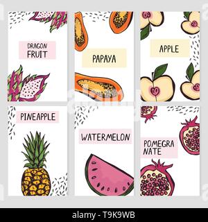 Satz von sechs card Templates mit hand Obst gezeichnet Stock Vektor