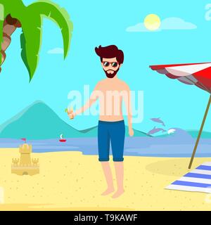 Mann am Strand Sommer Urlaub. Junge schöne Hipster in Blau Badeanzug trinken Cocktail auf Sommer Sandstrand Meer Strand Hintergrund mit Delphinen, Sand Stock Vektor
