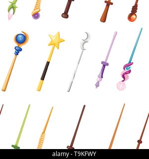 Nahtlose Muster. Magic Wand gesetzt. Fantasy personal Collection. Magische Ausrüstung für Spiele oder Cartoons. Flache Vector Illustration auf weißem Hintergrund. Stock Vektor