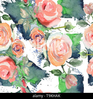 Rose Bouquet blumig botanischen Blumen. Aquarell Hintergrund Abbildung. Nahtlose Muster. Stockfoto
