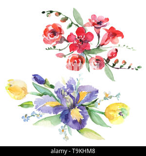 Blumenstrauß mit Iris Blumen botanischen Blumen. Aquarell Hintergrund gesetzt. Isolierte Blumensträuße Abbildung Element. Stockfoto