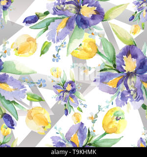 Blumenstrauß mit Iris Blumen botanischen Blumen. Aquarell Hintergrund Abbildung. Nahtlose Muster. Stockfoto