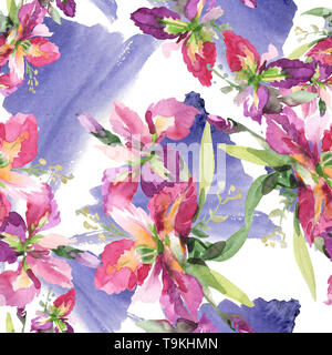Blumenstrauß mit Iris Blumen botanischen Blumen. Aquarell Hintergrund Abbildung. Nahtlose Muster. Stockfoto