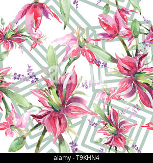 Blumenstrauß mit Iris Blumen botanischen Blumen. Aquarell Hintergrund Abbildung. Nahtlose Muster. Stockfoto