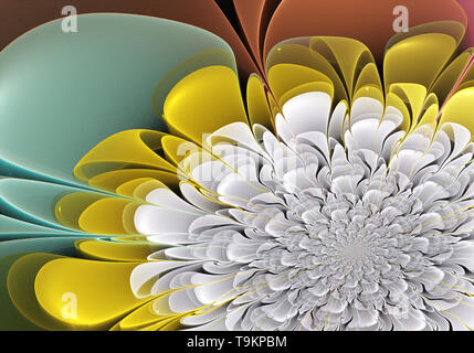 Mehrfarbige symmetrische Fraktal-Muster als Blume oder Schmetterling in Buntglas-Fenster-Stil. Computergenerierte Grafiken. Stockfoto