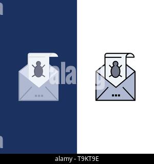 Bug, E-Mails, E-Mail, Malware, Spam, Bedrohung, Virus Symbole. Flach und Online ausgefüllt Icon Set Vektor blauem Hintergrund Stock Vektor