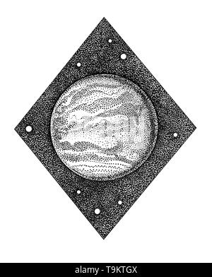 Venus. Hand gezeichnete Illustration in dotwork Stil mit astrologischen Symbol des Planeten und Tierkreiszeichen Stier und Waage. Raumkonzept, Astrologie, vi. Stockfoto