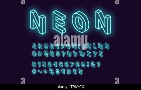 Neon isometrische Alphabet, azurblauen Farbe. Neon Konturschrift mit isometrischen leuchtenden Buchstaben, Zahlen, Währungen und andere Zeichen und Symbole. Vec Stock Vektor