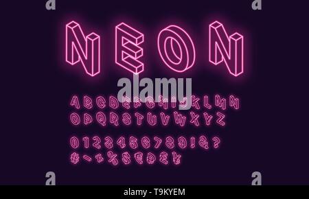 Neon isometrische Alphabet, rosa Farbe. Neon Konturschrift mit isometrischen leuchtenden Buchstaben, Zahlen, Währungen und andere Zeichen und Symbole. Vect Stock Vektor