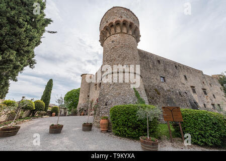 Turm von Castello di Meleto, Gaiole in Chianti, Toskana, Italien Stockfoto