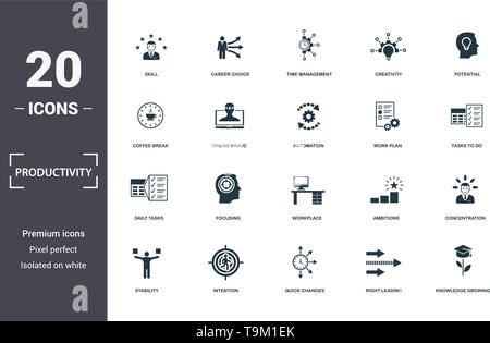 Produktivität Icons Set Sammlung. Enthält einfache Elemente wie Qualifikation, Berufswahl, Zeitmanagement, Kreativität, Potentiale, Fokussierung und Workpla Stock Vektor