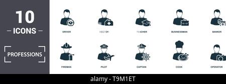Berufe Icons Set Sammlung. Enthält einfache Elemente wie Polizist, Feuerwehrmann, Pilot, Kapitän, Koch und Interaktion premium Symbole. Stock Vektor