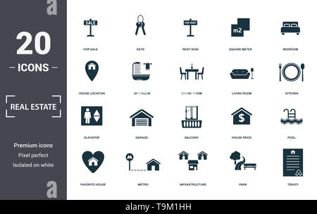 Immobilien Icons Set Sammlung. Enthält einfache Elemente wie für Verkauf, Schlüssel, Mieten, Zeichen, Quadratmeter, Schlafzimmer, Garage und Balkon premium Symbole. Stockfoto