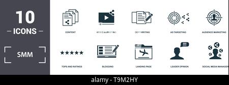 Smm Icons Set Sammlung. Enthält einfache Elemente wie Wie, Tops und Bewertungen, Blogging, Landing Page, Leader, und Cloud Hosting premium i Stock Vektor