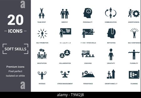 Soft Skills Icons Set Sammlung. Enthält einfache Elemente wie Teamgeist, Empathie, Persönlichkeit, Kommunikation, Durchsetzungsvermögen, Zusammenarbeit und Stock Vektor