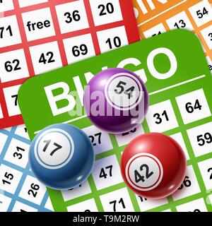 Bingo Kugeln auf einem Hintergrund von Karten. Vector Illustration EPS 10. Stock Vektor