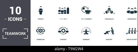 Teamwork Icons Set Sammlung. Enthält einfache Elemente wie Beruf, Rede, Effizienz, Kaffeepause, Teamfähigkeit, Bildung und Synergie premi Stock Vektor