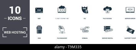 Web Hosting Icons Set Sammlung. Enthält einfache Elemente wie Cloud Ordner, SSD, Cloud Computing, SSL, Zugriff auf die Datei-, DNS- und File Manager Premium Stock Vektor