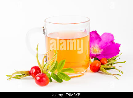 Seitenansicht der Hagebutte oder Hagebutte, auch als Rose haw und Rose hep Tee in klarem Glas Schale, rohe Beeren, Blüten und Blätter für die Dekoration auf whit Stockfoto