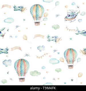 Aquarell Hintergrundfarbe festlegen Abbildung eines cute Cartoon und ausgefallenen Sky-Szene komplett mit Flugzeugen, Hubschraubern, Flugzeugen und Ballons, Wolken. Junge Stockfoto