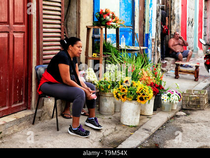 Havanna, Kuba - Januar 11, 2019: Frau Verkauf Blumensträuße auf der Straße in Havanna, Kuba Stockfoto