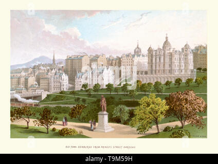 Vintage Print in der Altstadt von Edinburgh, von der Princes Street Gardens ca. 1880 Stockfoto