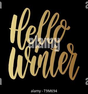 Hallo Winter. Schriftzug Phrase auf dunklem Hintergrund. Design Element für Poster, Karten, Banner, Flyer. Vector Illustration Stock Vektor