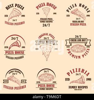 Satz von Pizzeria, Pizzeria Embleme. Design Element für Poster, Logo, Beschriftung, sign. Vector Illustration Stock Vektor