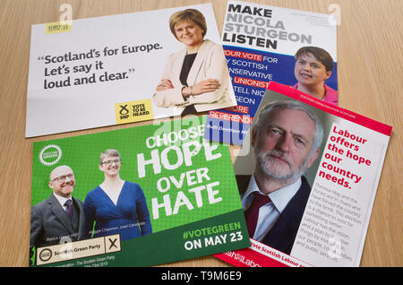 Europawahlen 2019 Prospekte von SNP, Scottish, Scottish Green Party, schottische Arbeits- und Schottischen Konservativen Parteien. Stockfoto