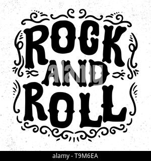 Rock und Roll. Schriftzug Phrase für Grußkarten, Einladungen, Banner, Postkarte, Website, Plakat Vorlage. Vector Illustration Stock Vektor