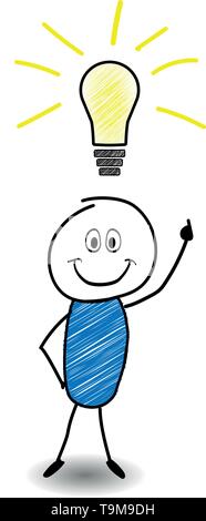Strichmännchen in eine kreative Idee mit einer Glühbirne über dem Kopf. Vector Illustration Stock Vektor