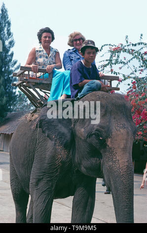 Thailand. Nakhon Pathom Provinz. Sam Phran. Sampran Riverside Rose Garden Thai Village. Touristen auf Elefanten reiten. Stockfoto