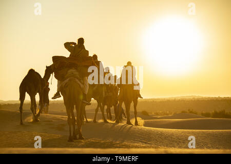 Atemberaubende Aussicht auf einige Touristen reiten Kamele in den Dünen der Wüste Thar in Rajasthan bei einem schönen Sonnenuntergang. Indien. Stockfoto