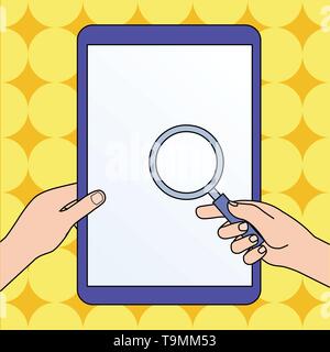 Hände, die Lupe gegen Ausgeschaltet Touchscreen Tablet Design Business Konzept leere Raum modernen abstrakten Hintergrund Stock Vektor