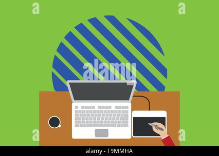 Obere Ansicht laptop hölzernen Schreibtisch Arbeiter Zeichentablett Kaffeetasse Büro. Design Business Konzept. Business ad für Website und Promotion Banner. Leer s Stock Vektor